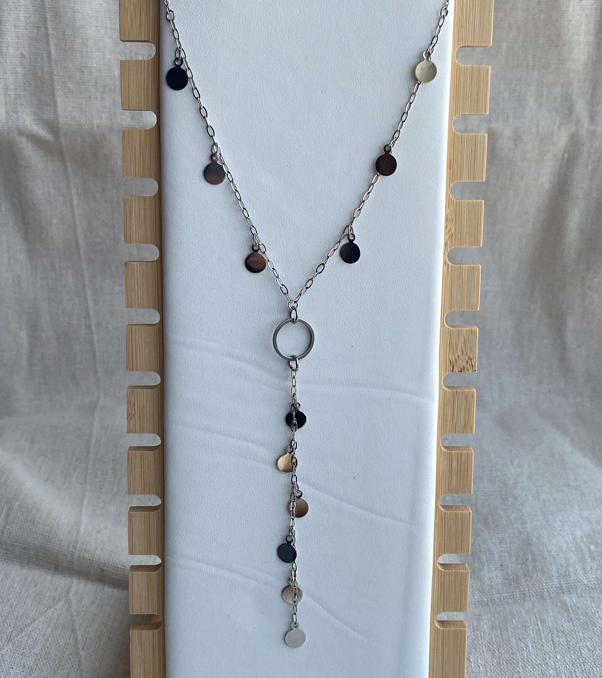 Collier Y, long à pampilles, argenté