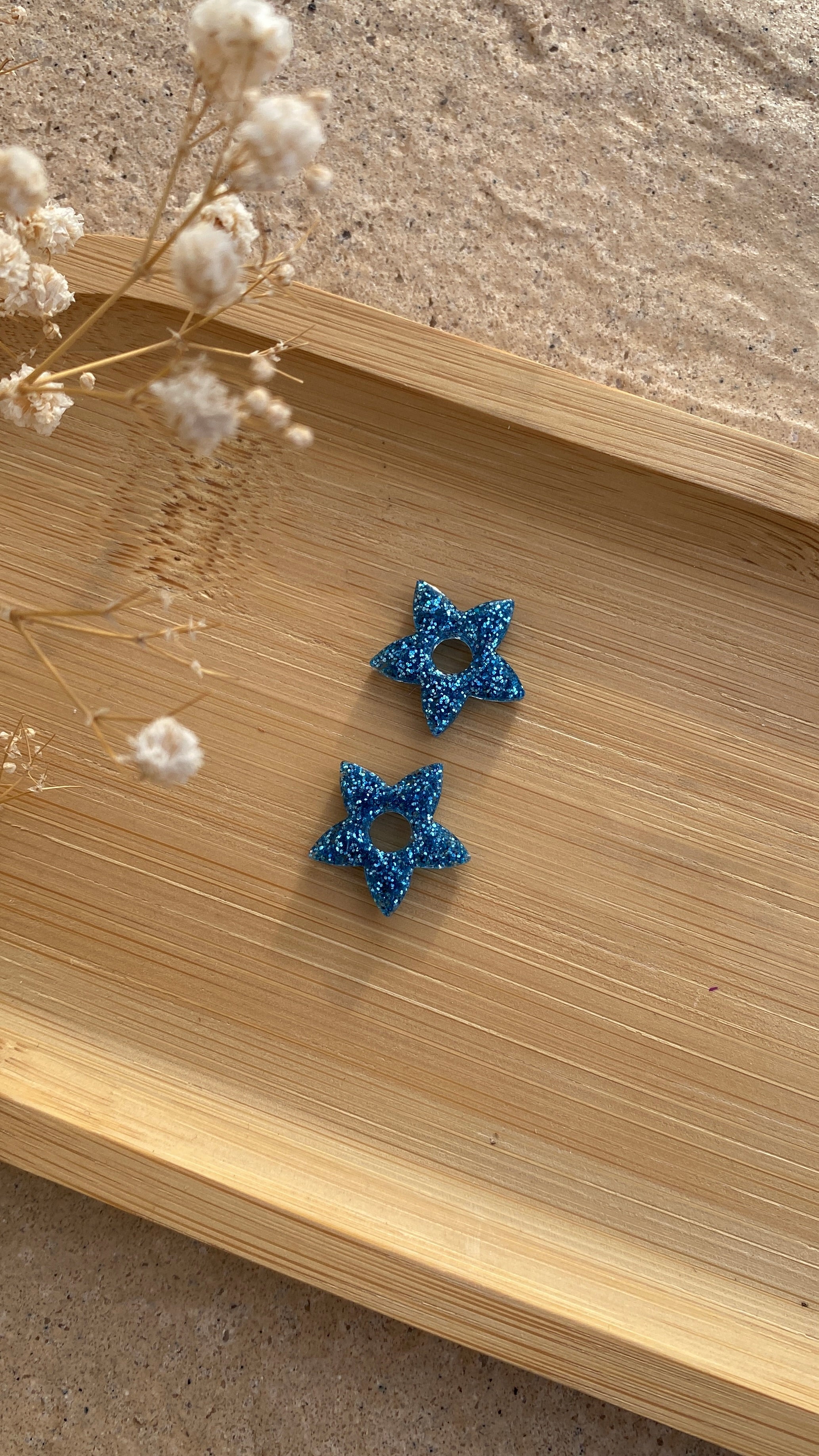 MINI- Fleurs étoiles paillettes bleues