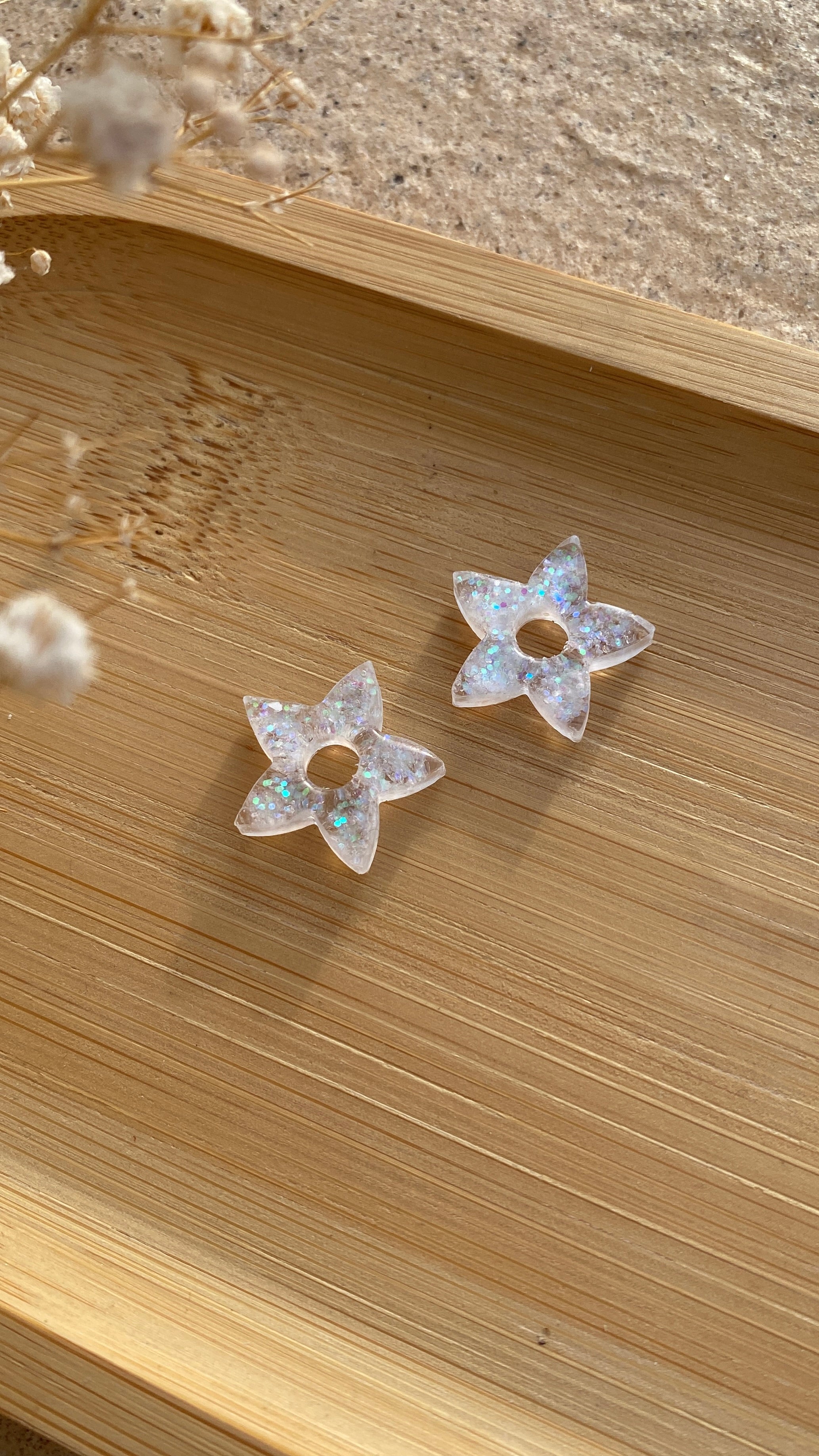 MINI- Fleurs étoiles paillettes blanches